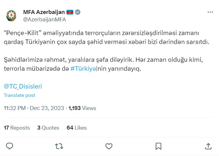 XİN: “Hər zaman olduğu kimi, terrorla mübarizədə də Türkiyənin yanındayıq” - FOTO