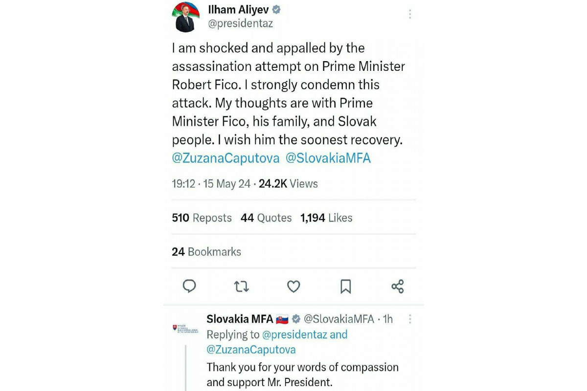 Slovakiya XİN Robert Fitso ilə bağlı paylaşımına görə Prezident İlham Əliyevə təşəkkür edib - FOTO