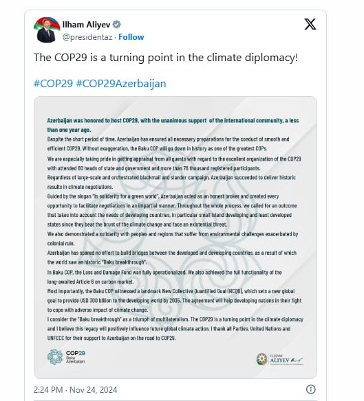 İlham Əliyev: COP29 iqlim diplomatiyasında dönüş nöqtəsidir - FOTO