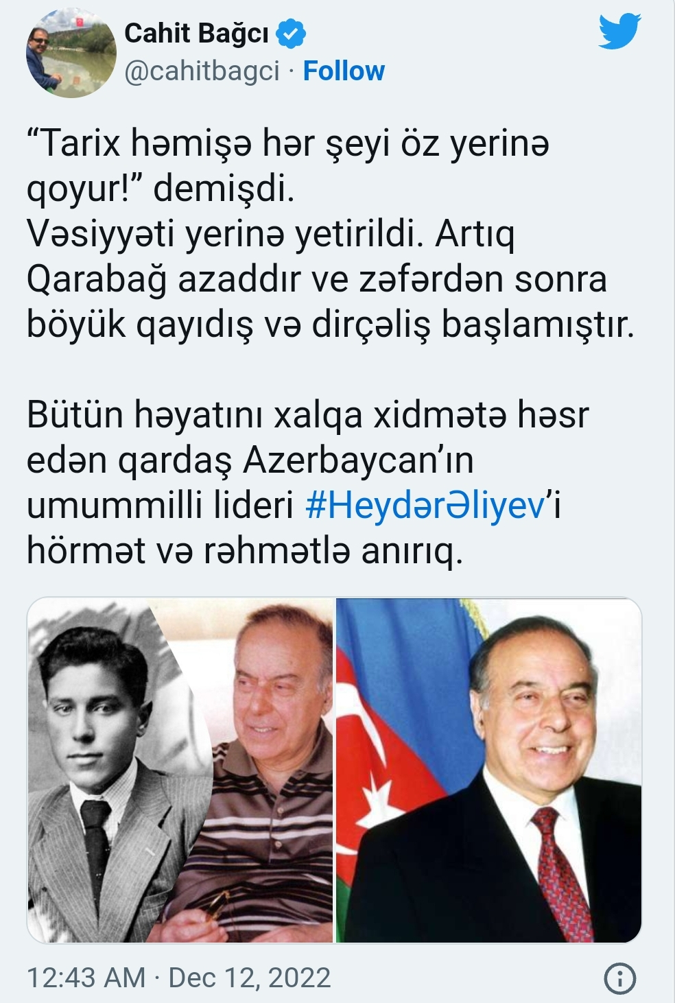 Cahit Bağcı: “Tarix həmişə hər şeyi öz yerinə qoyur!” demişdi. Vəsiyyəti yerinə yetirildi”