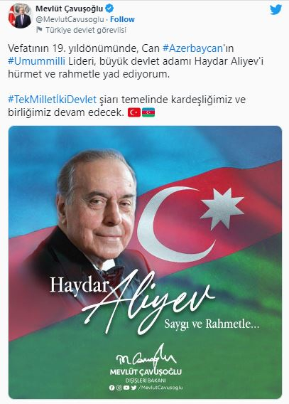 Mövlud Çavuşoğlu Heydər Əliyevin vəfatının 19-cu ildönümü ilə bağlı paylaşım edib