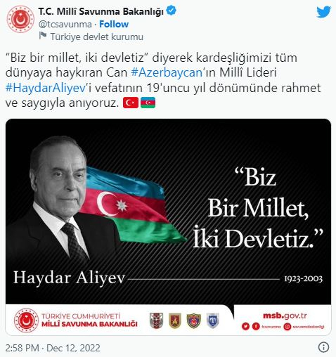 Türkiyə MN: “Heydər Əliyev qardaşlığımızı bütün dünyaya çatdırdı”