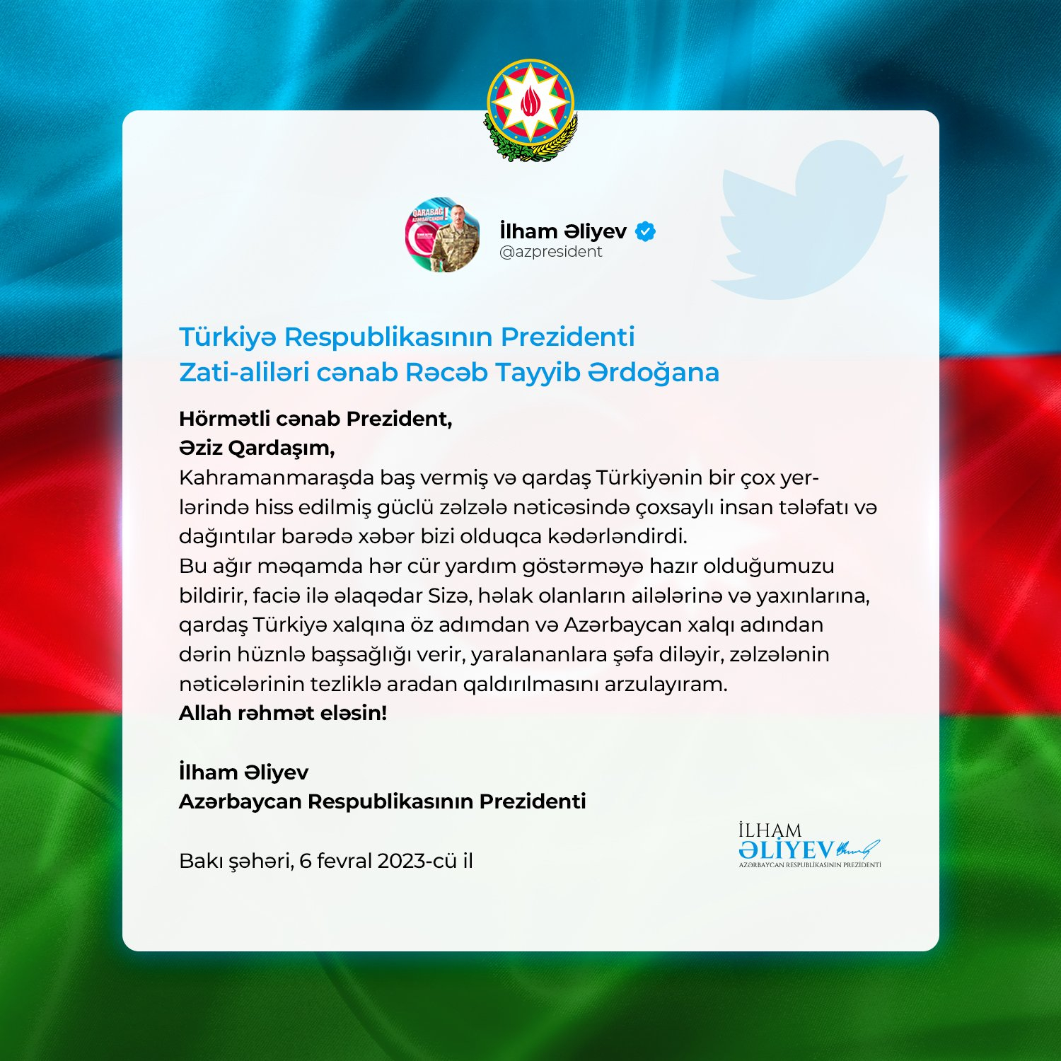 Azərbaycan Prezidenti İlham Əliyev Türkiyədəki dəhşətli zəlzələ ilə bağlı paylaşım edib