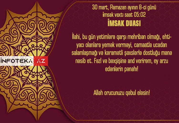 Ramazan ayının 8-ci gününün imsak, iftar və namaz vaxtları - FOTO-VİDEO