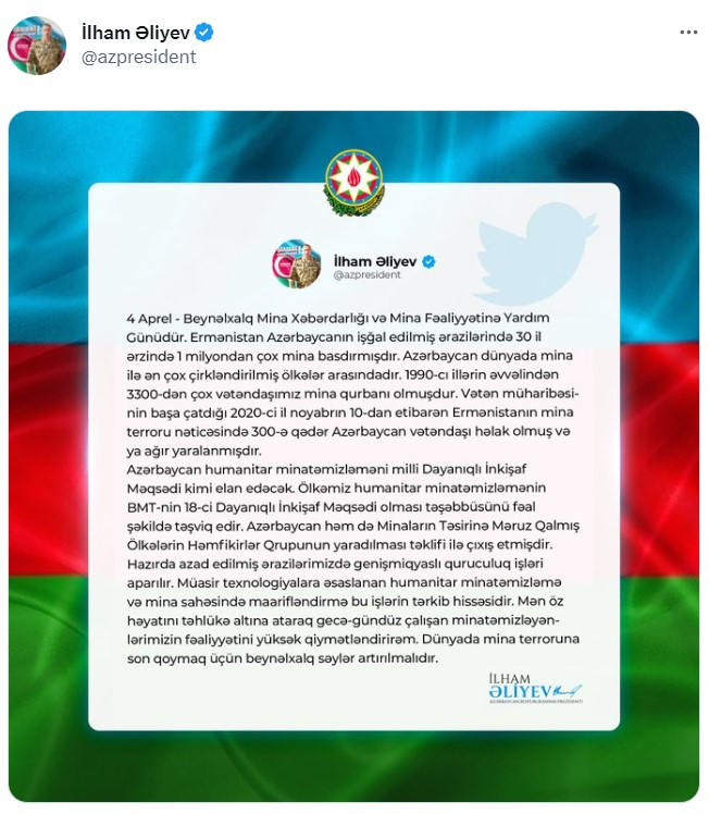 İlham Əliyev Beynəlxalq Mina Xəbərdarlığı Günü ilə bağlı paylaşım edib - FOTO