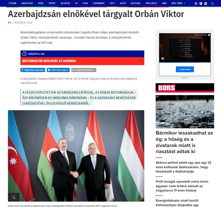 Prezident İlham Əliyevin Budapeştə səfəri Macarıstan KİV-lərində geniş işıqlandırılıb