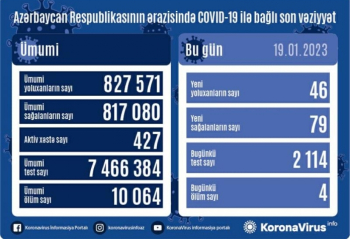 Azərbaycanda son sutka ərzində koronavirus (COVID-19) infeksiyasına 46 yeni yoluxma faktı qeydə alınıb