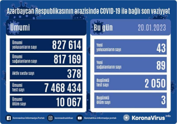 Azərbaycanda son sutka ərzində koronavirus (COVID-19) infeksiyasına 43 yeni yoluxma faktı qeydə alınıb