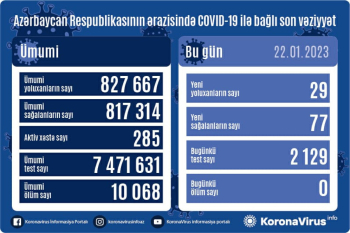 Azərbaycanda son sutka ərzində koronavirus (COVID-19) infeksiyasına 29 yeni yoluxma faktı qeydə alınıb